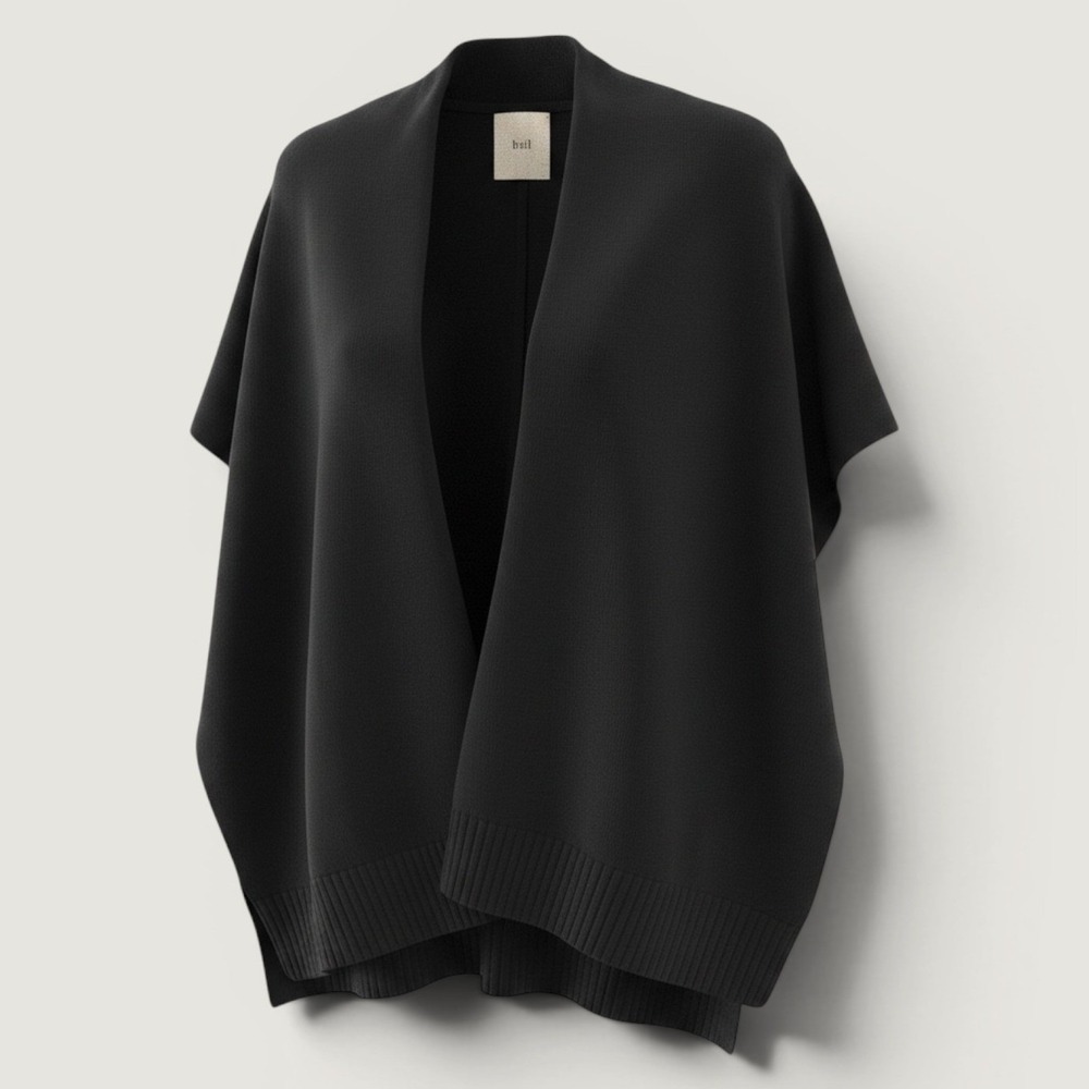 Búl Sweater Womens 8 Black Cotton Merino Wool Cape Open Front Knit Short Sleeve